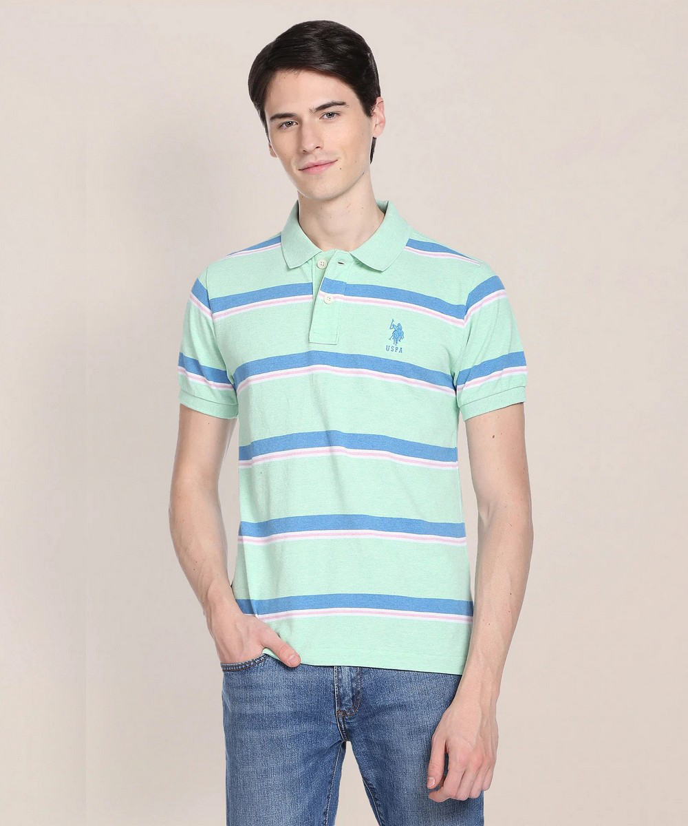 U.S.POLO Mens Slim Fit Light Green Horizontal striped Pattern T-Shirt